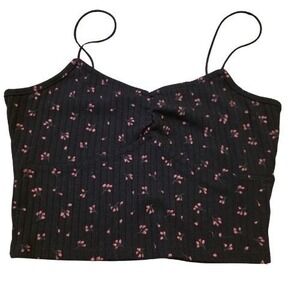 Mixed Threads Black Floral Ribbed Crop Tank Sz S Baby Tee Spaghetti Straps Layer